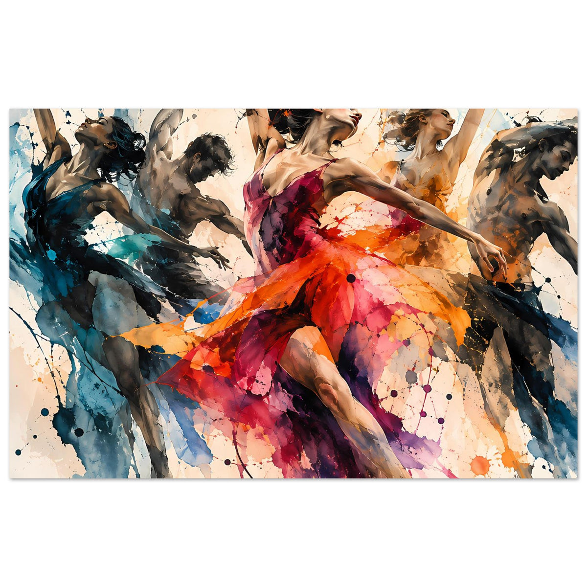 Breites Tanzkunst-Poster mit abstrakter Tänzerin im orange-roten Kleid und Farbklecksen
