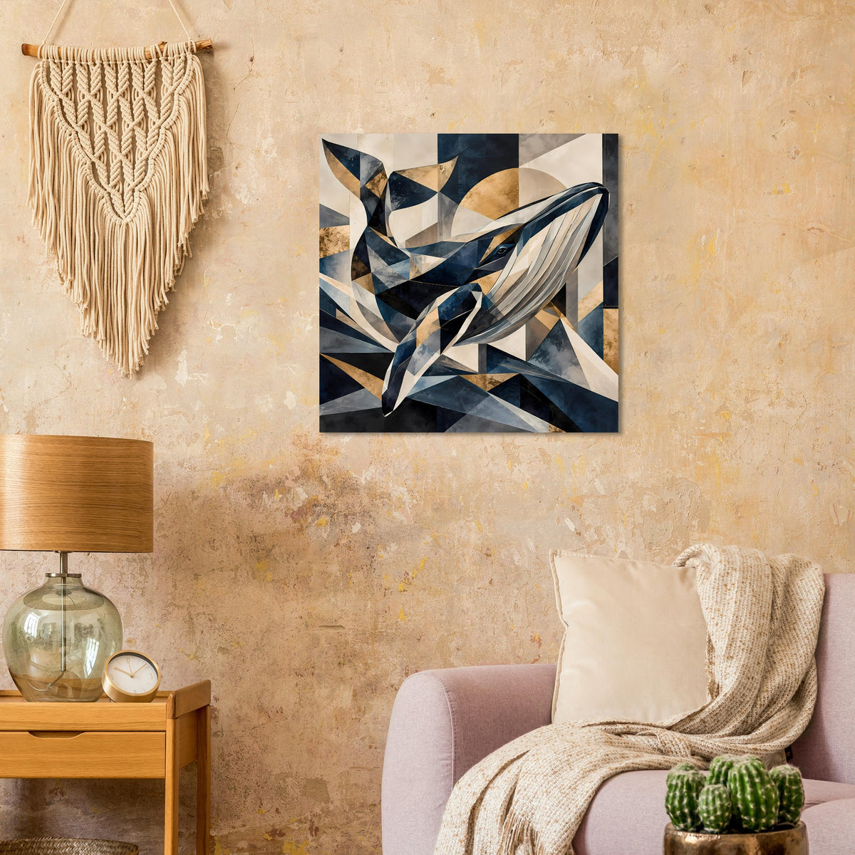 Gerahmtes Poster: geometrischer Wal mit Blau-Gold-Creme-Flächen