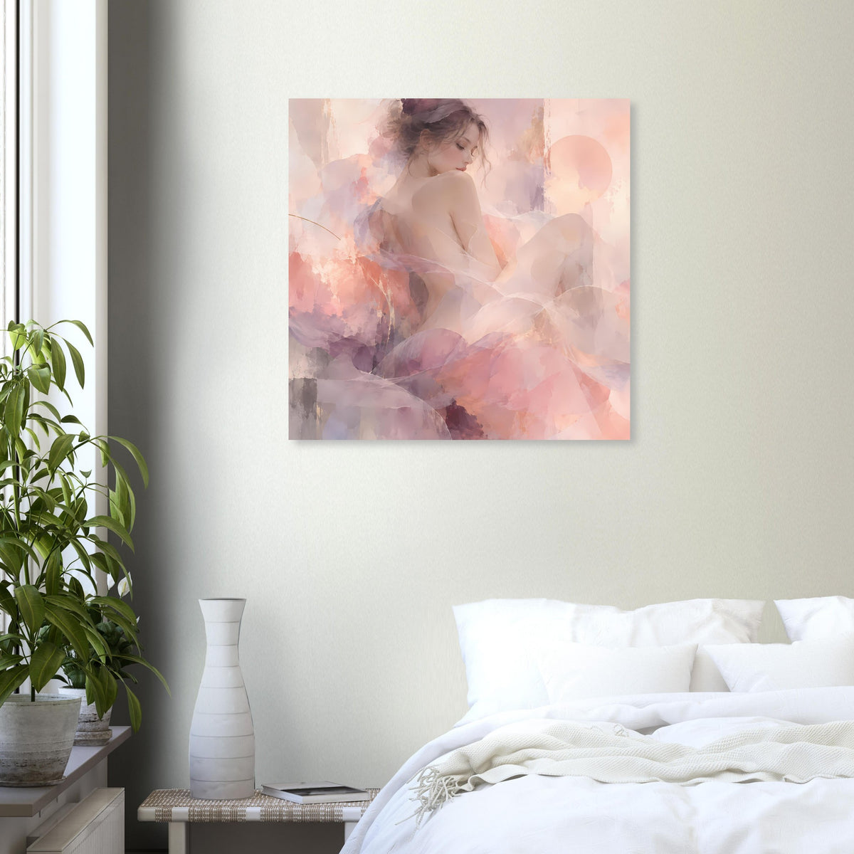 Wandposter mit gemaltem Frauenporträt in Blush- und Lavendeltönen, quadratisch