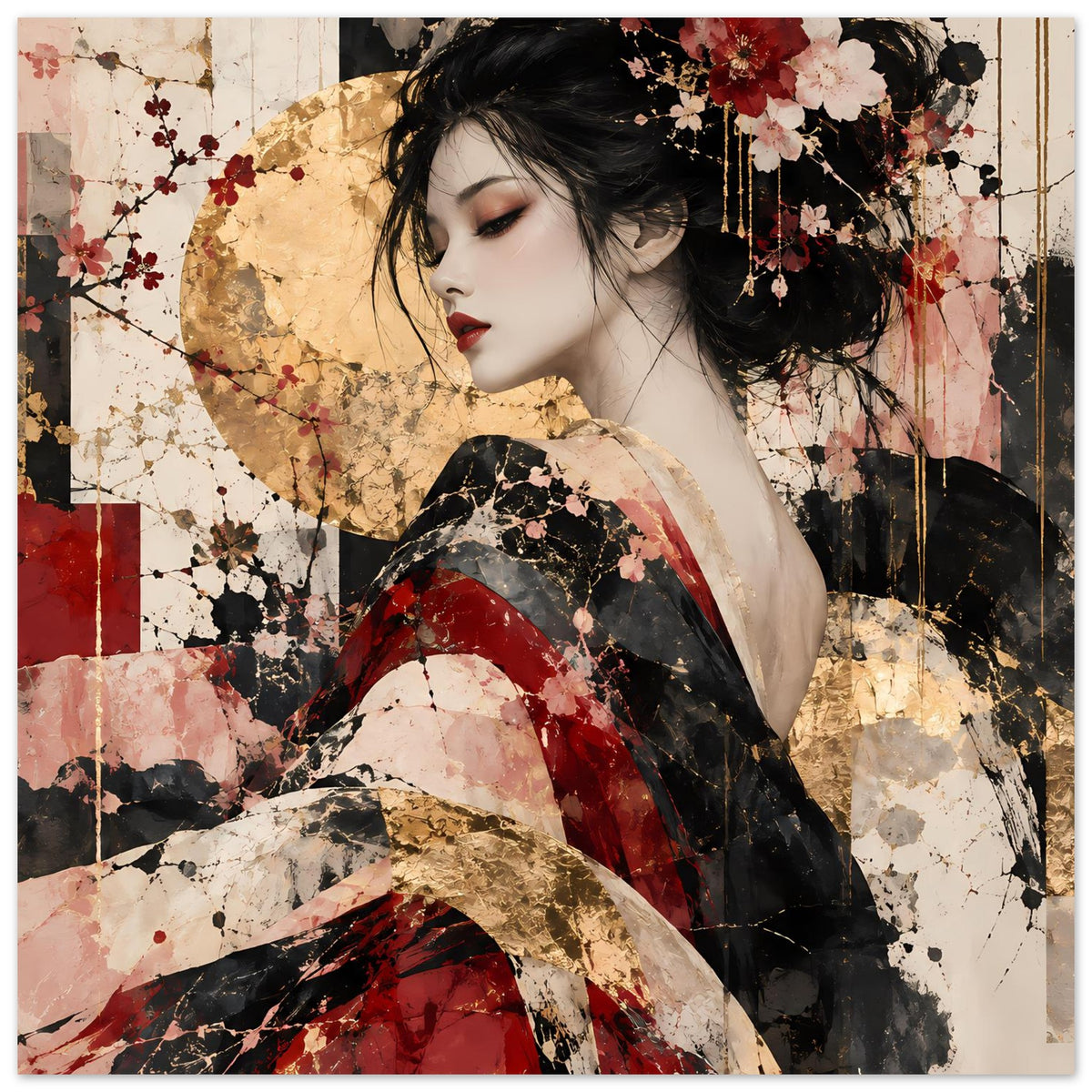 Asiatisches Kunstposter mit Frau in Rot, Rosé und Gold, floralen Details