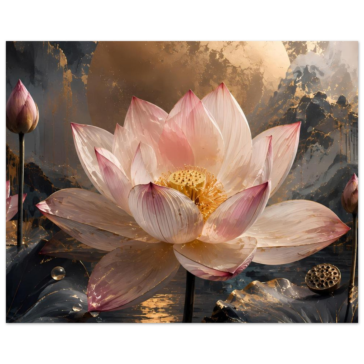 Poster mit rosa Lotusblüte, goldener Mitte und seitlichen Knospen an dunklen Stielen