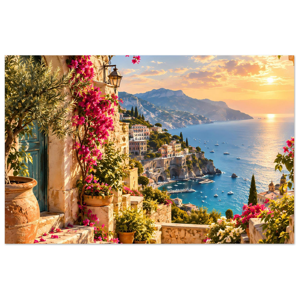 Poster mit mediterraner Küstenlandschaft im Sonnenuntergang, Steinbalkon, Blüten und Bucht