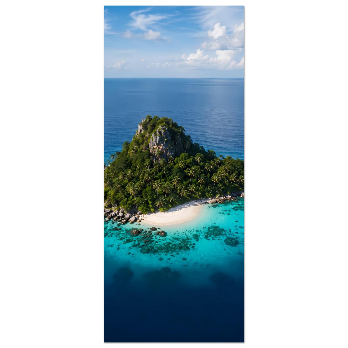 Vertikales Poster mit tropischer Insel, Sandstrand und türkisblauem Wasser