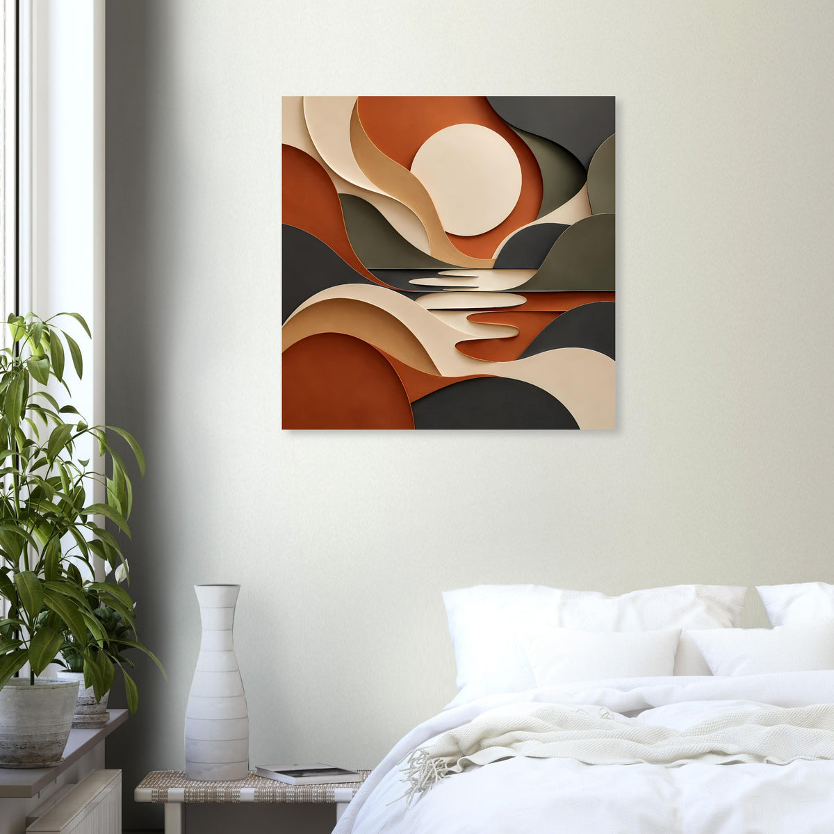 Wandhängendes Kunstposter mit abstrakten Farbflächen in Terrakotta, Salbeigrün, Creme