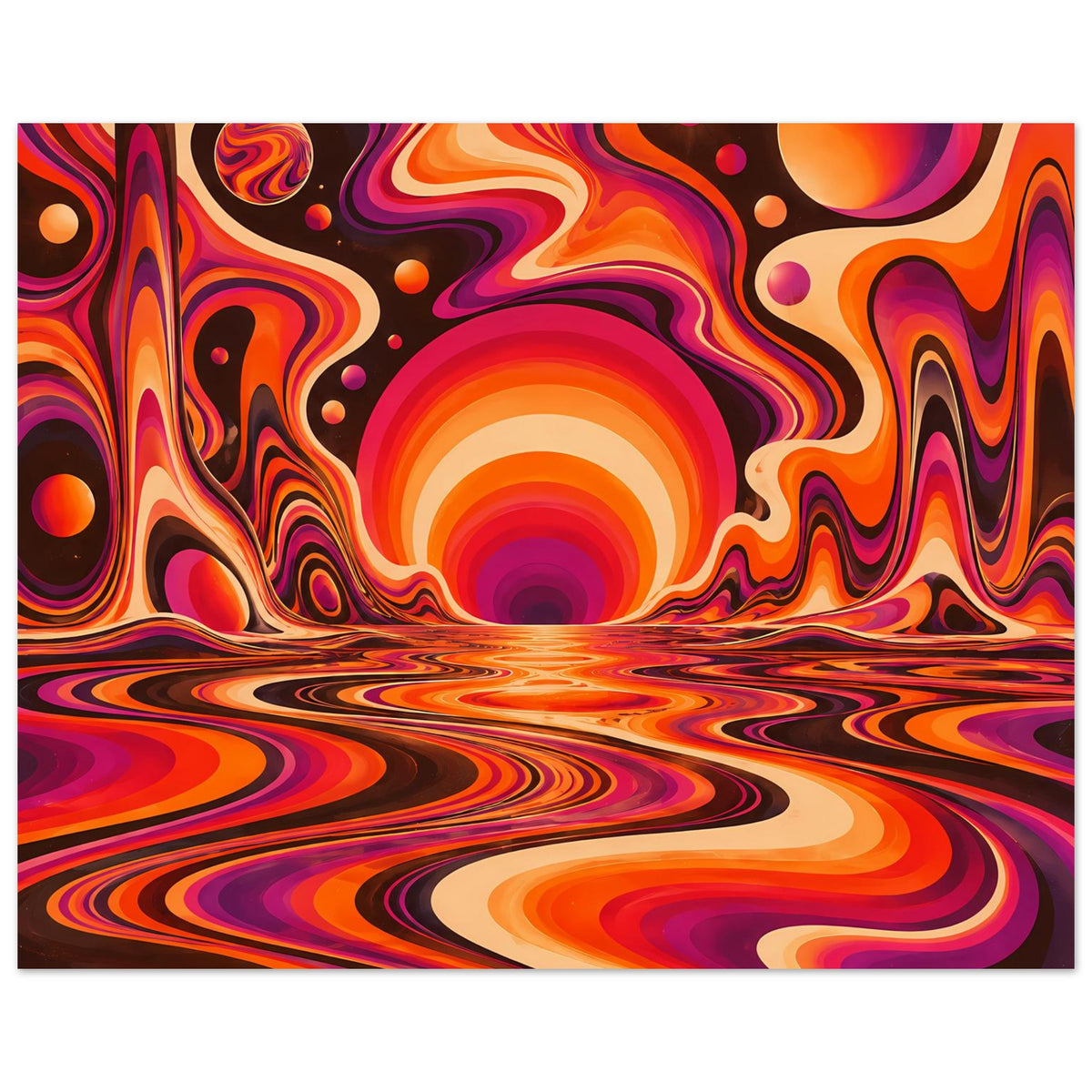 Psychedelisches Poster mit orangen-violetten Swirls, rundem Sonnenmotiv und wellenförmigem Boden
