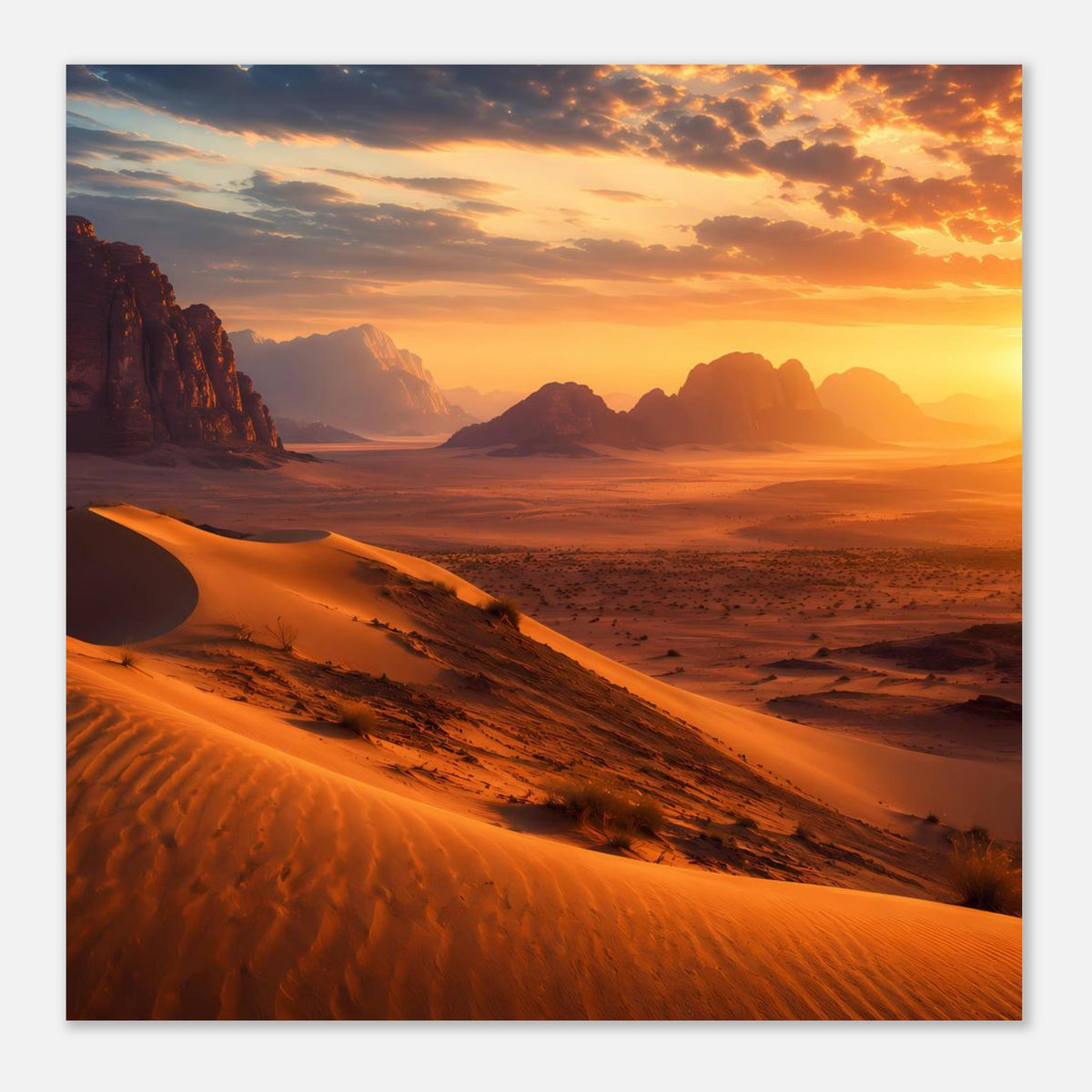 Poster im Querformat mit Wüstentälern, goldene Sanddünen und orangefarbener Himmel