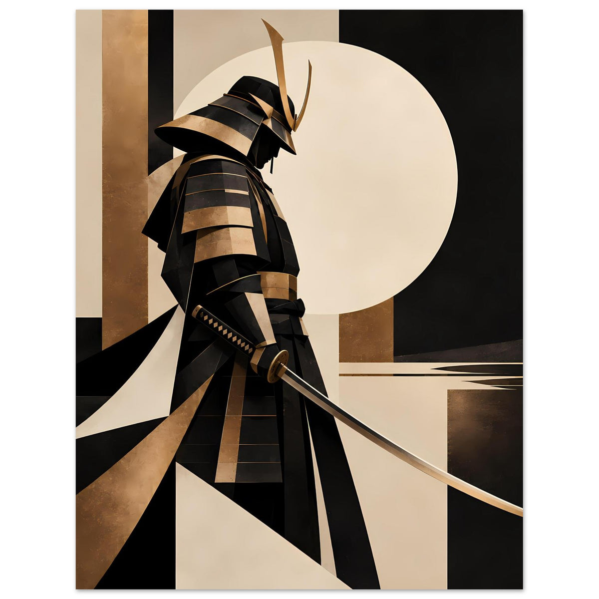 Kunstposter mit Samurai-Profil in Schwarz-Gold und langem Schwert, vor hellem Kreis