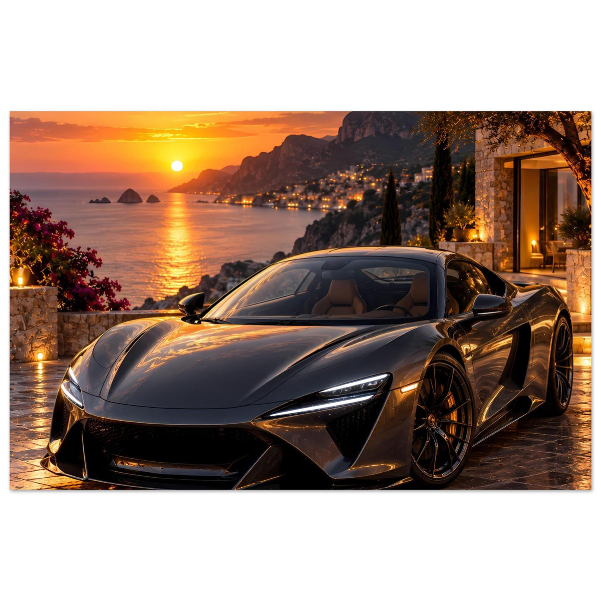 Poster-Druck mit dunklem Sportwagen bei Sonnenuntergang, horizontal
