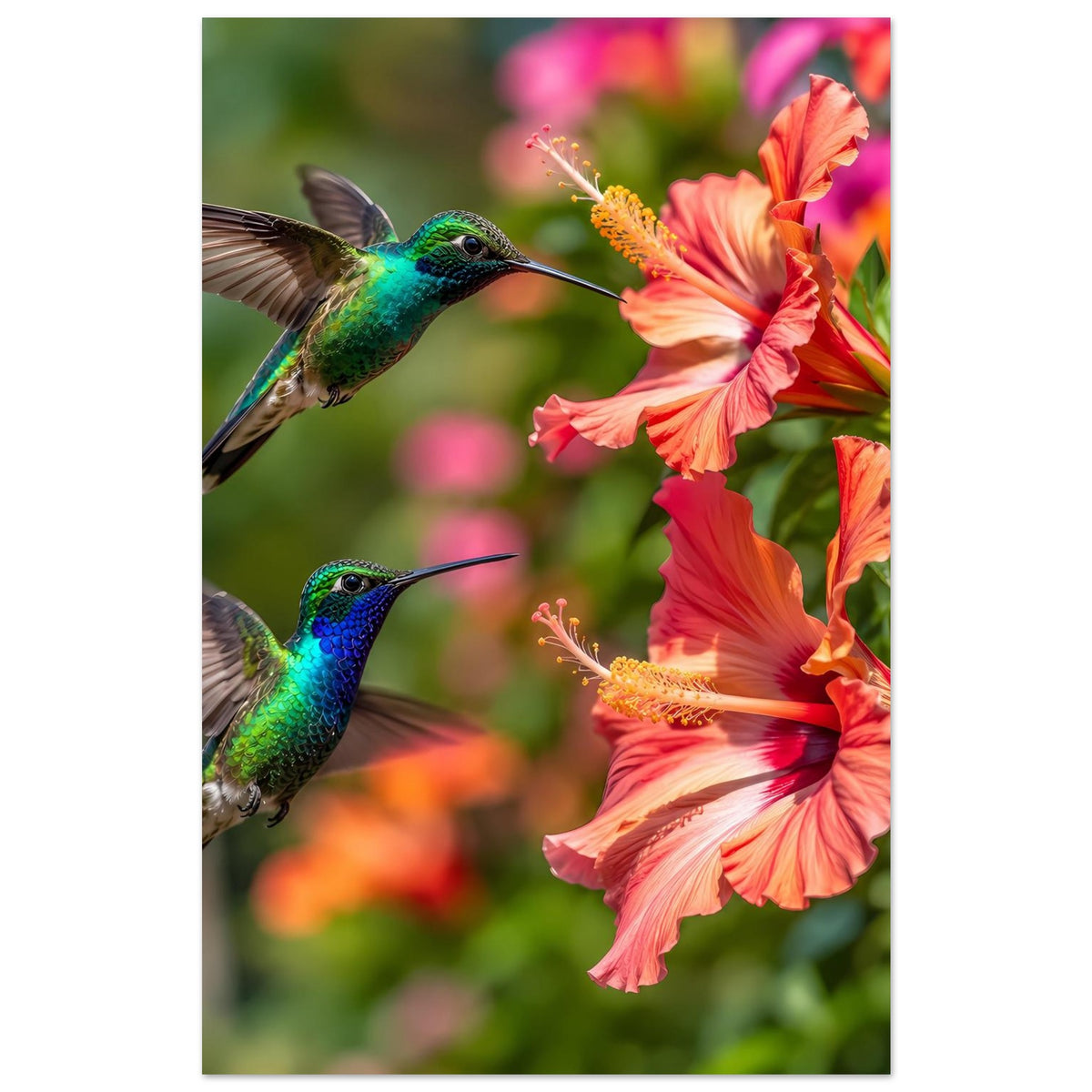 Poster mit zwei Kolibris und orange-roten Hibiskusblüten, eng zugeschnitten
