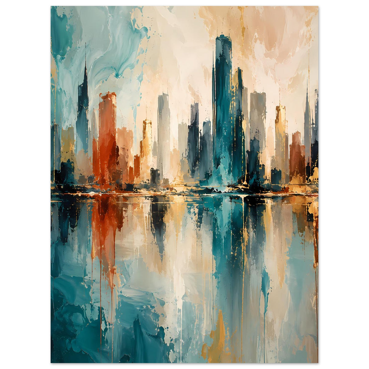 Abstraktes Skyline-Poster mit Stadtspiegelung im Wasser, blaue, goldene und rostfarbene Akzente