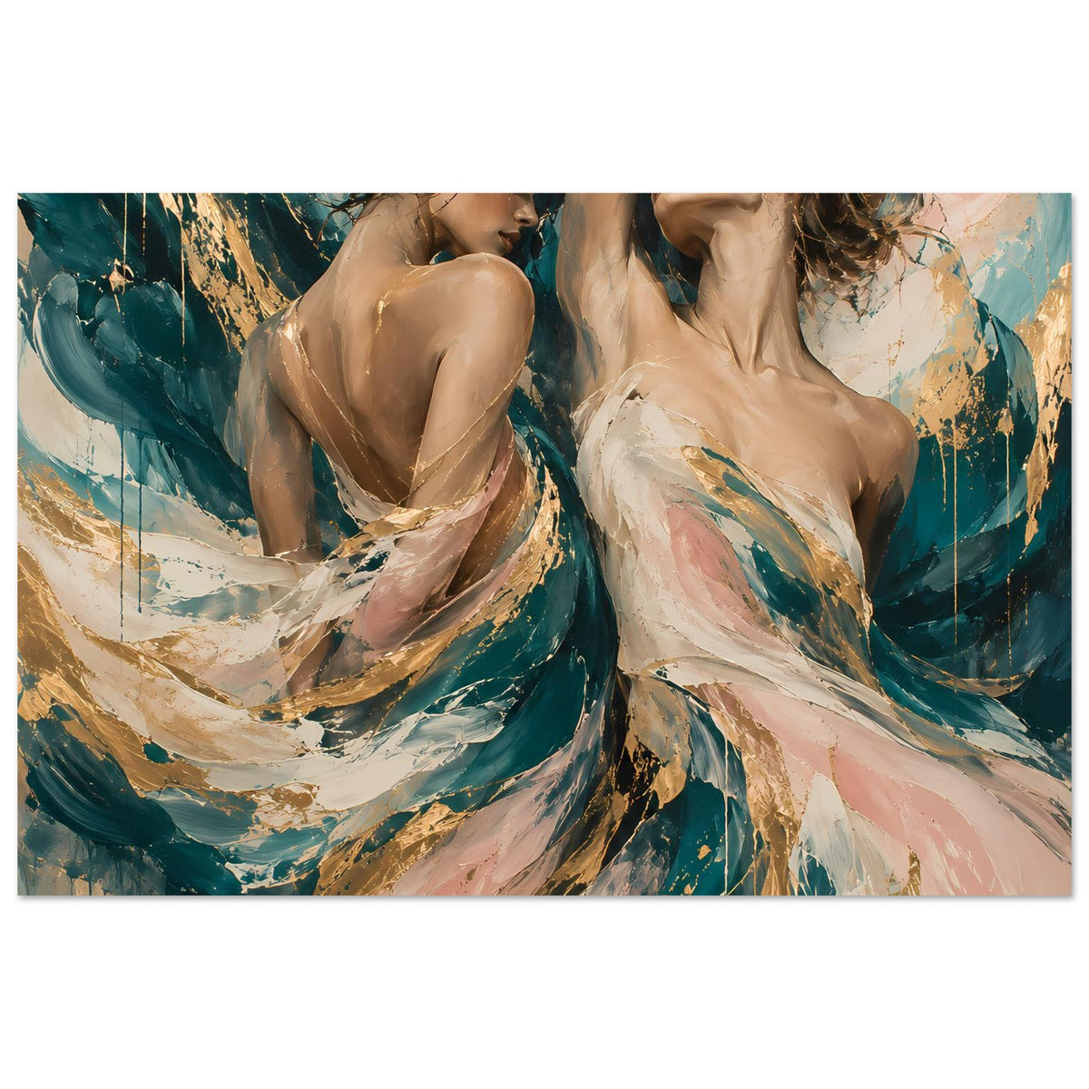 Horizontales Kunstposter mit zwei weiblichen Figuren, dynamischer Pinselstrich in Türkis, Rosa und Beige