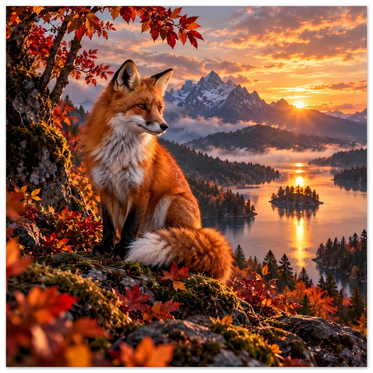 Wandposter mit Fuchs im Vordergrund und Herbstkrone über See, Berge im Hintergrund