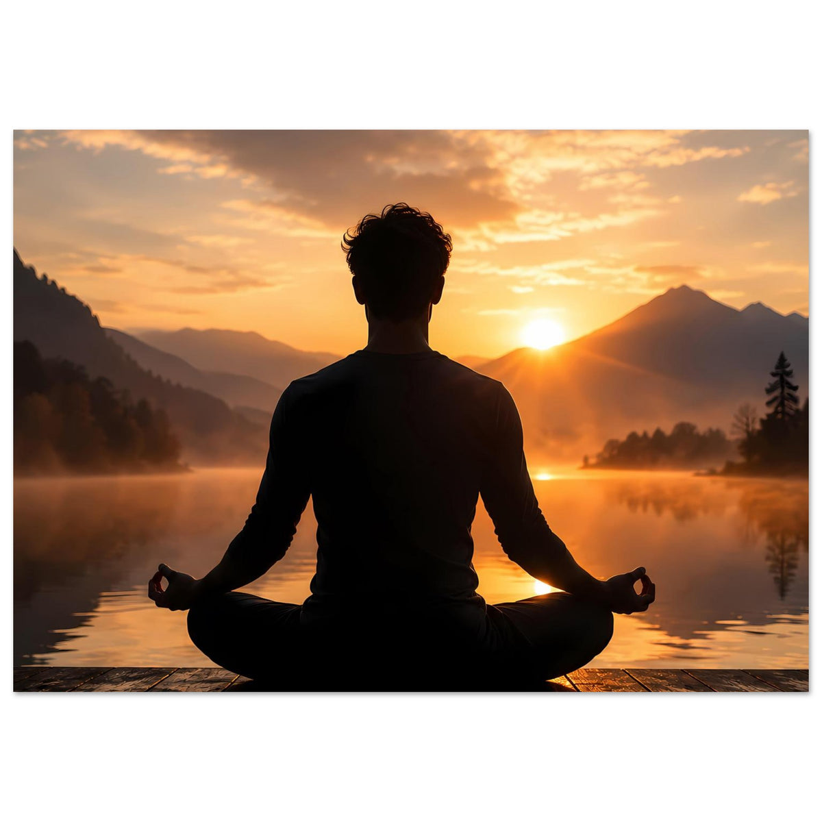 Horizontaler Posterdruck mit Meditationsfigur-Silhouette, warmes Licht und Berge im Hintergrund