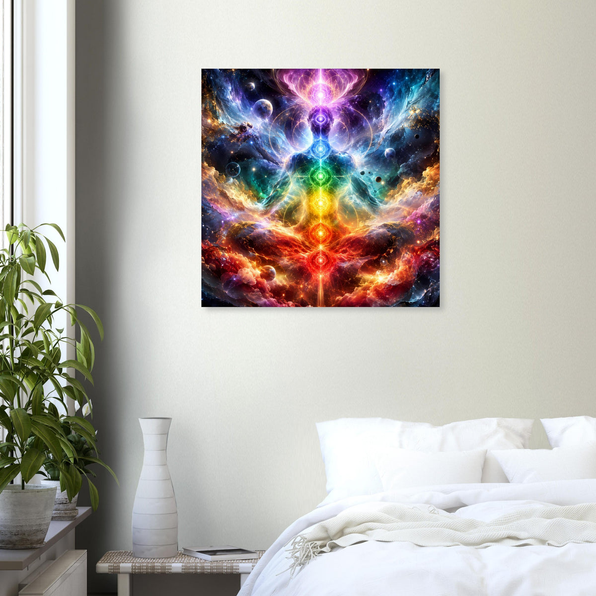 Chakra-Meditationsposter quadratisch: farbiger Energiefluss mit leuchtender Chakra-Silhouette