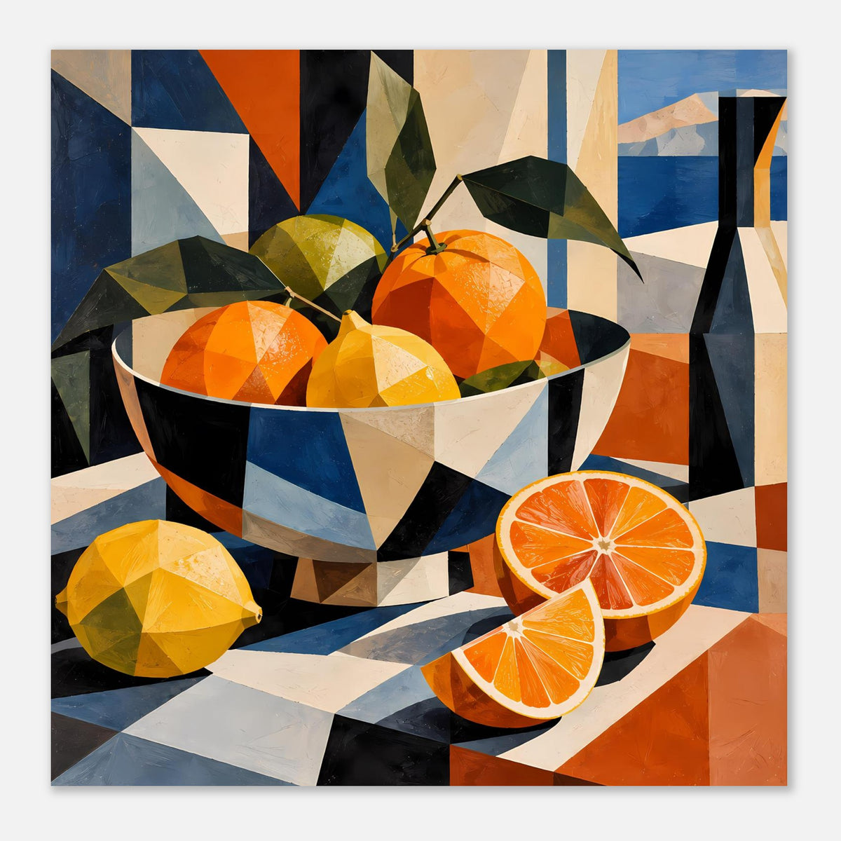 Kubistisches Poster mit Obstschale und Orangen, Orangenscheiben vorne, grüne Blätter und Zweige