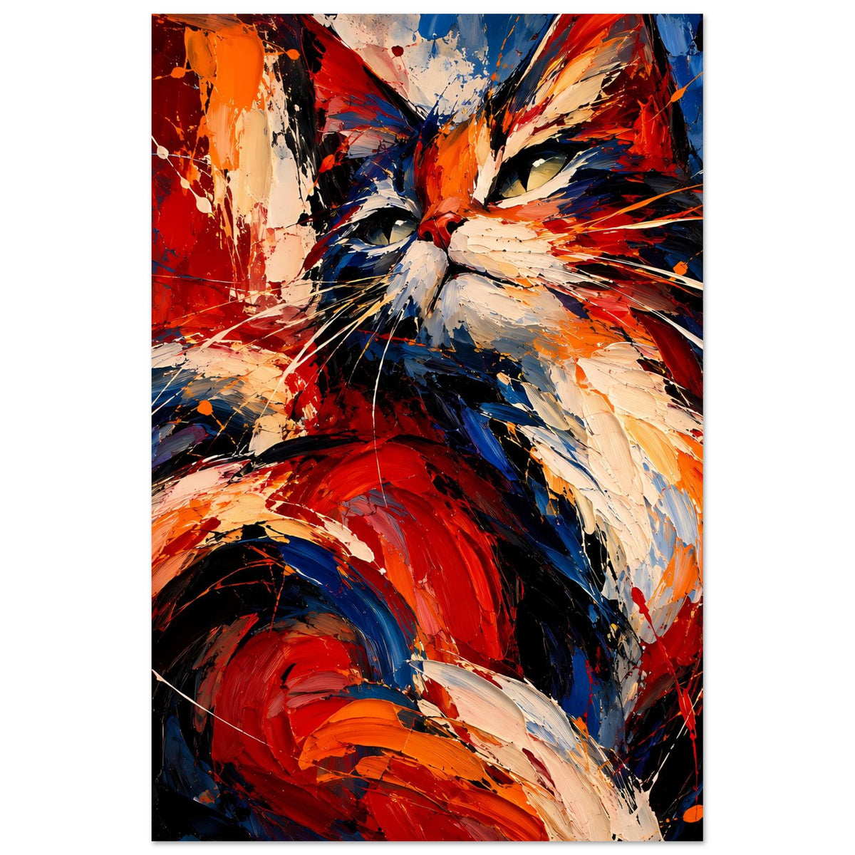 Abstraktes Katzenposter, vertikal mit Blick auf Augen, rot, blau und orange Pinselstruktur