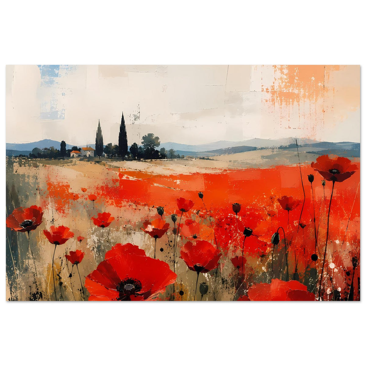 Poster mit roten Mohnblumen im abstrakten Feld, mit schwarzem Rahmen und Blüten im Vordergrund.