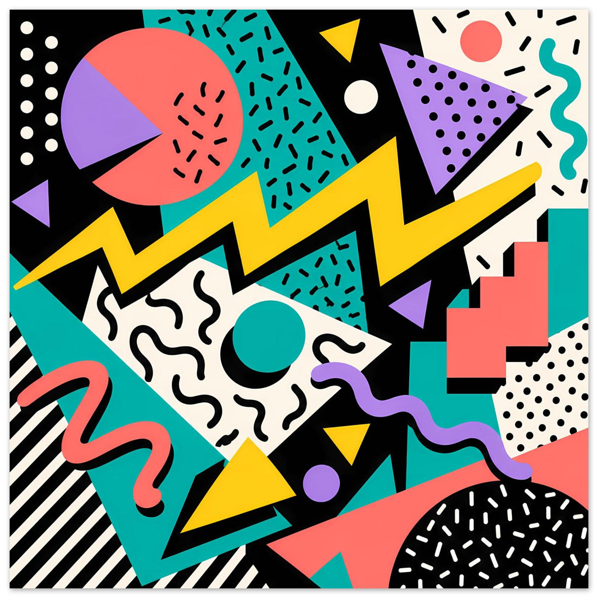 Retro-Poster mit geometrischen Elementen, Kreisen, Dreiecken und Punkten in Neonfarben