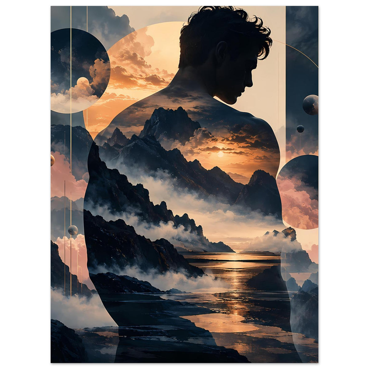 Poster mit surrealer Doppelbelichtung: Mann im Profil, Berge, Sonnenuntergang und Wolkenmeer