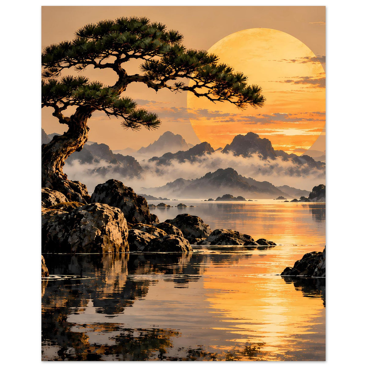 Gerahmtes Landschaftsposter (Hochformat) mit Sonnenuntergang am See, Felsen und Baumkrone.