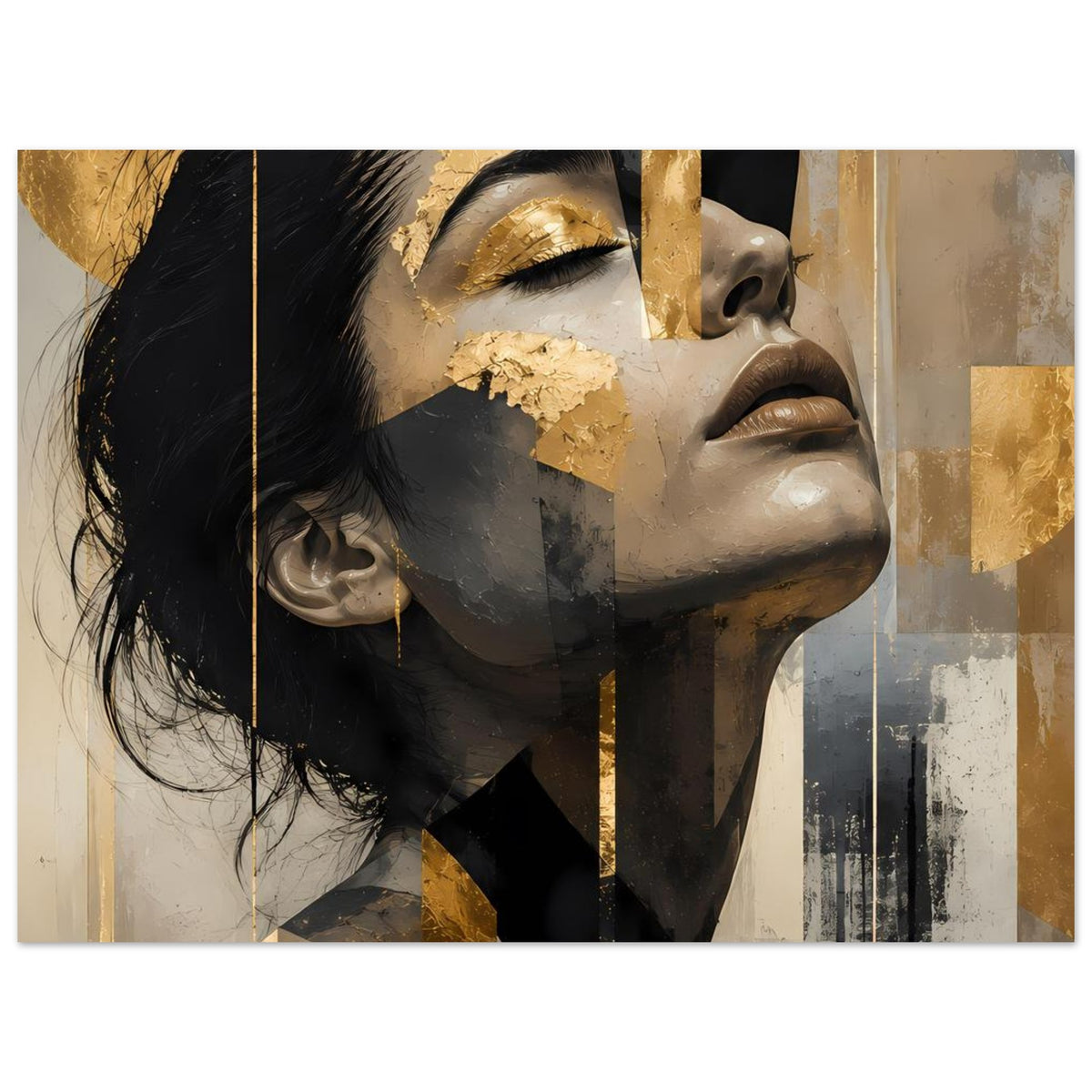 Abstraktes Frauenporträt-Poster mit goldenen Akzenten, Gesicht und Haare im Hochformat