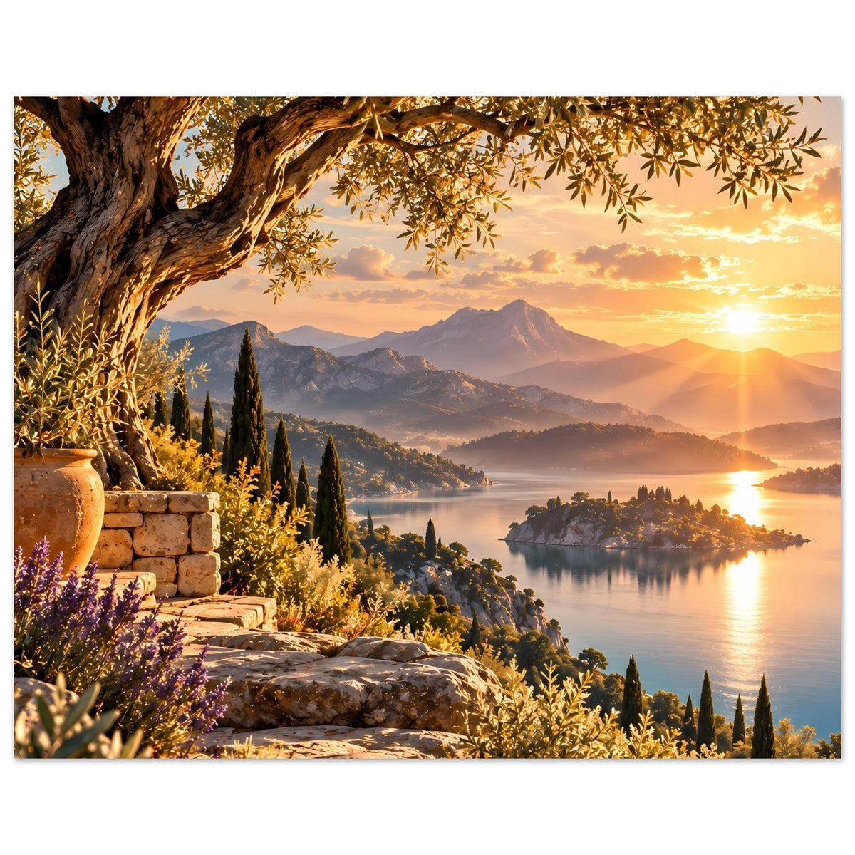 Hochformat-Poster: Sonnenuntergang über mediterranem Tal, See, Berge, Zypressen und Steinstufen