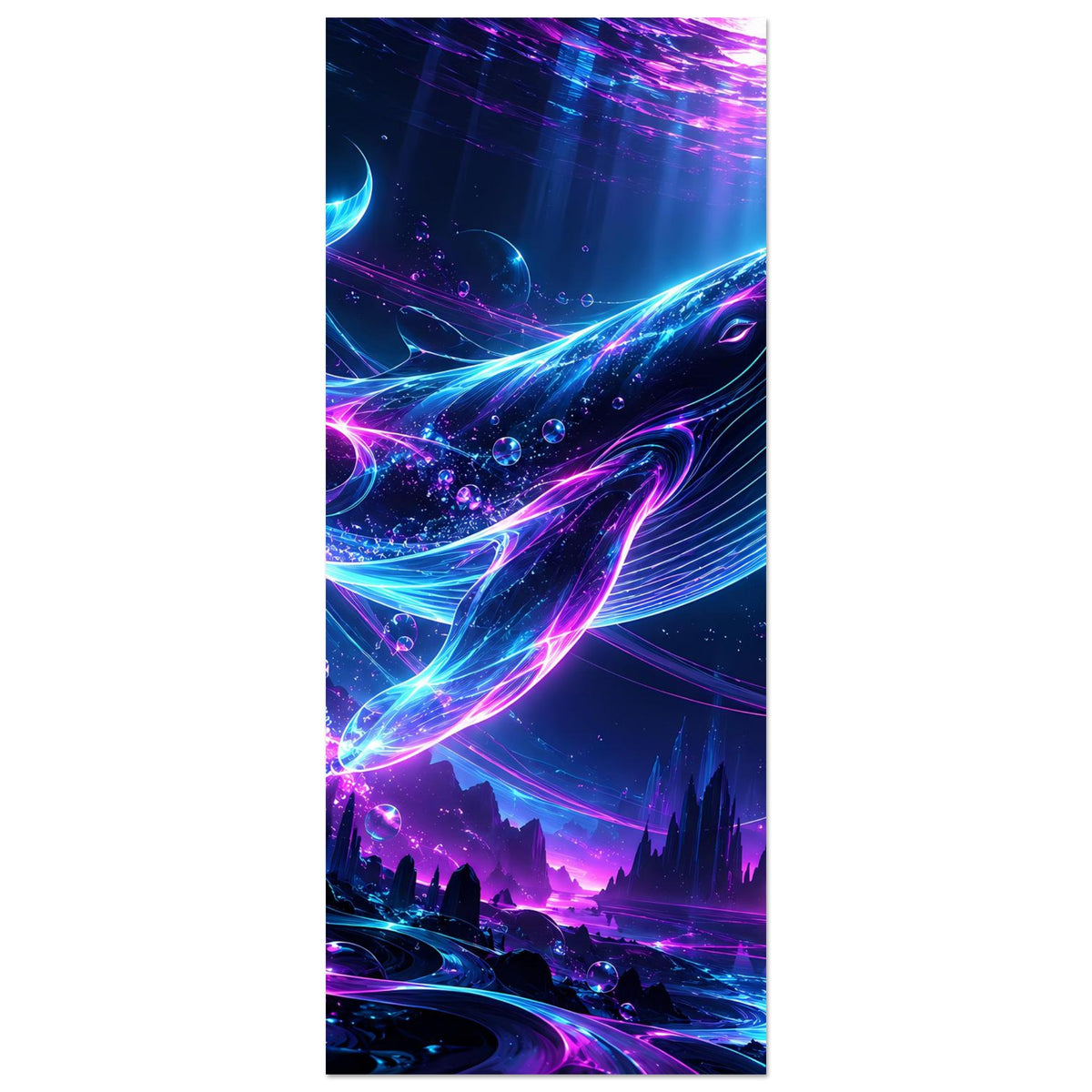 Vertikales Neonposter mit Wal-Motiv in Pink und Blau, Blasen und Lichtstrahlen