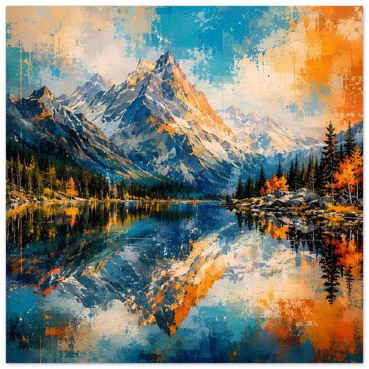 Naturposter mit Bergsee-Landschaft, Blau-Orange-Farbdesign und spiegelndem Wasser