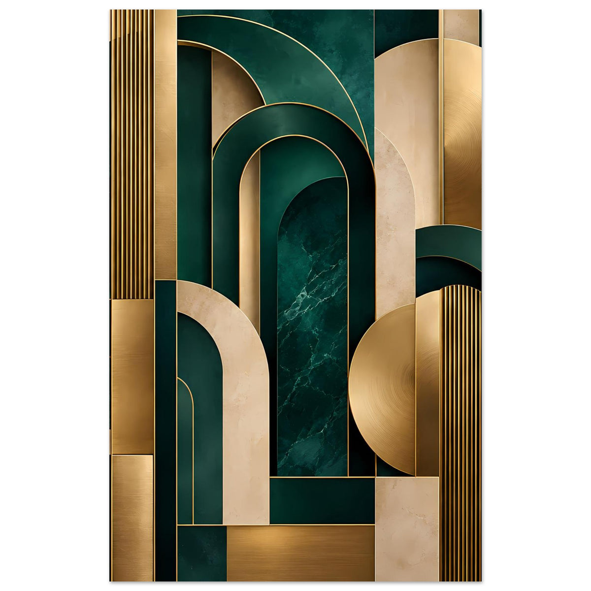 Art-Deco-Poster: abstrakte Arkaden-Formen und goldene Linien, Akzente in dunkelgrün
