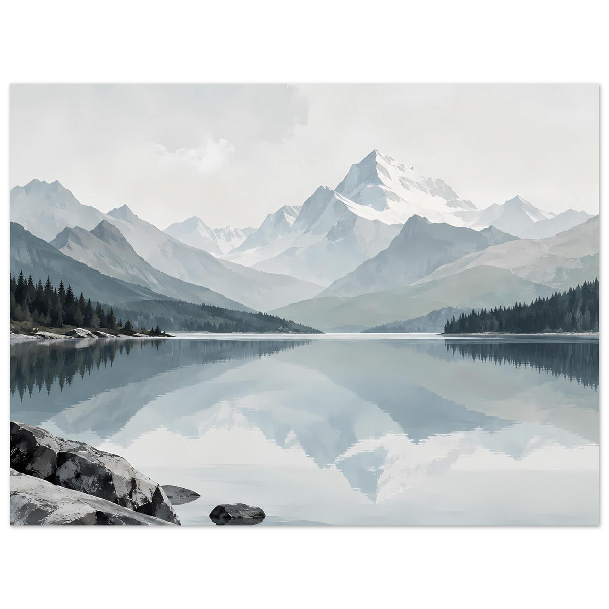Kunstdruck im Querformat: Bergsee mit Spiegelung, weite Alpenlandschaft und Gipfel