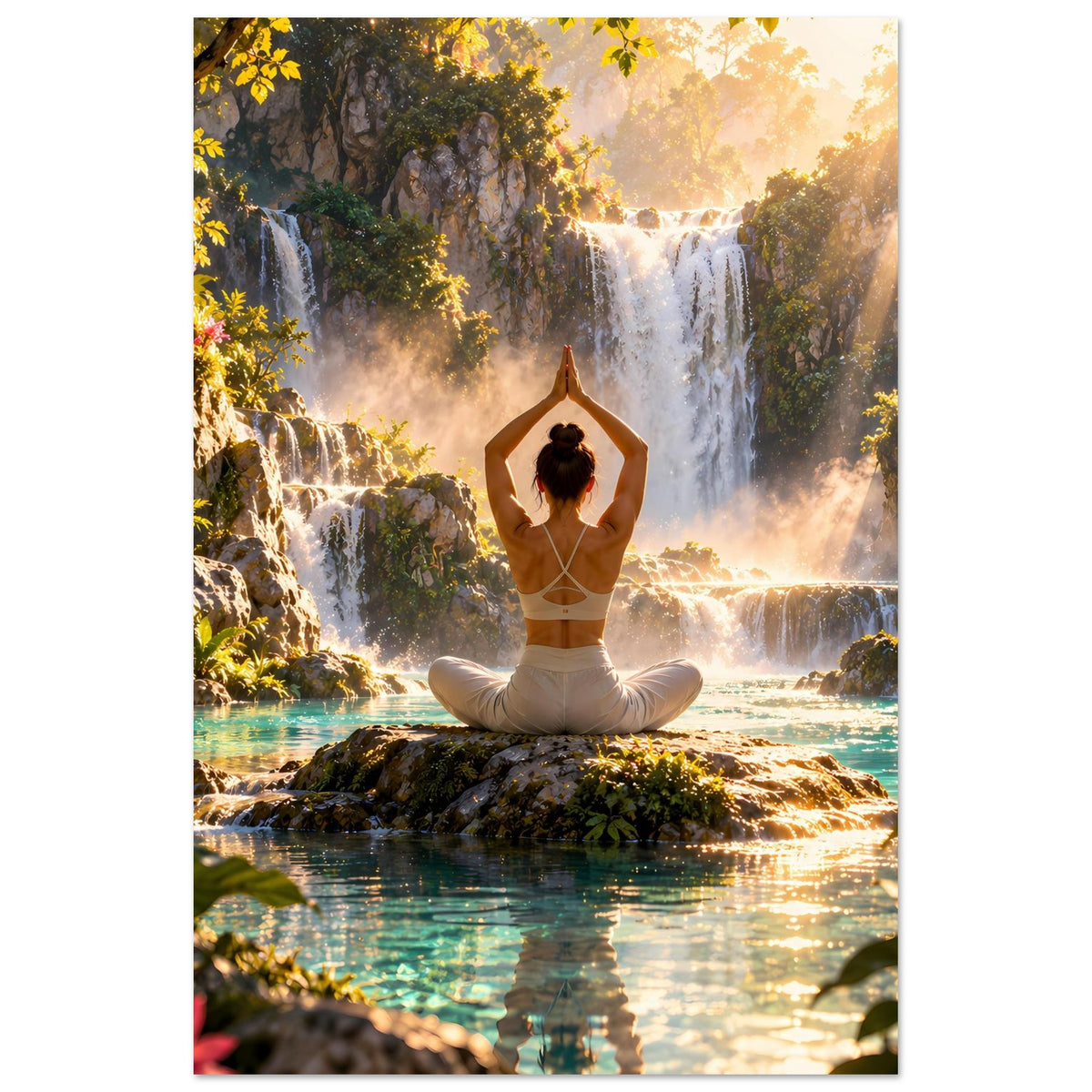 Hochformatiges Yoga-Meditationsposter: Frau im Lotussitz vor Wasserfällen und goldener Morgenstimmung