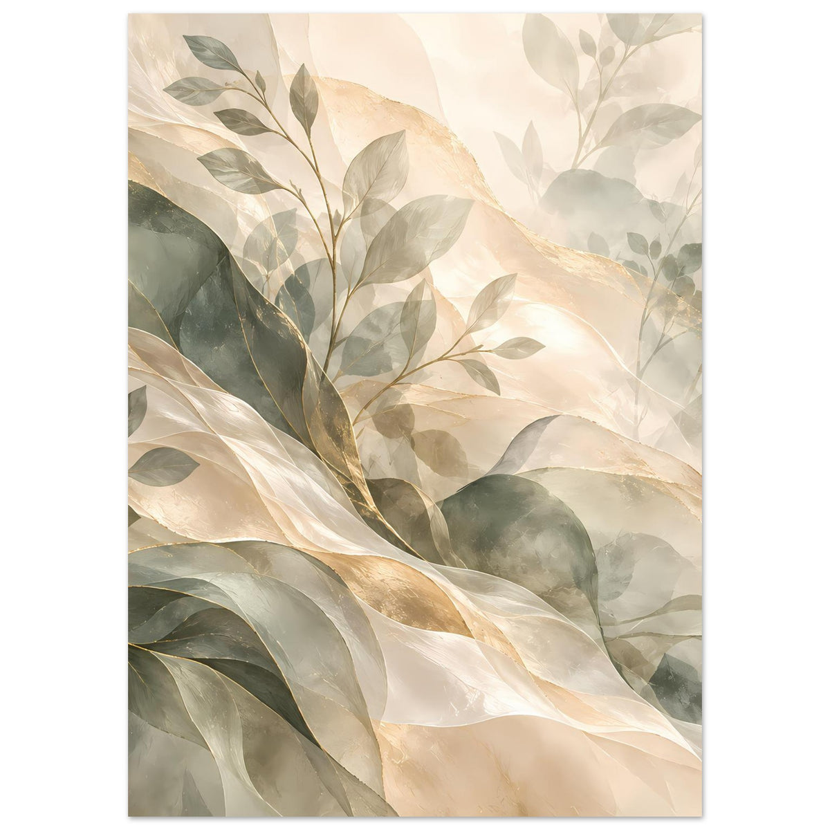 Botanisches Kunstposter im Hochformat mit Blattzweigen in Salbeigrün und Creme, warmes Gold