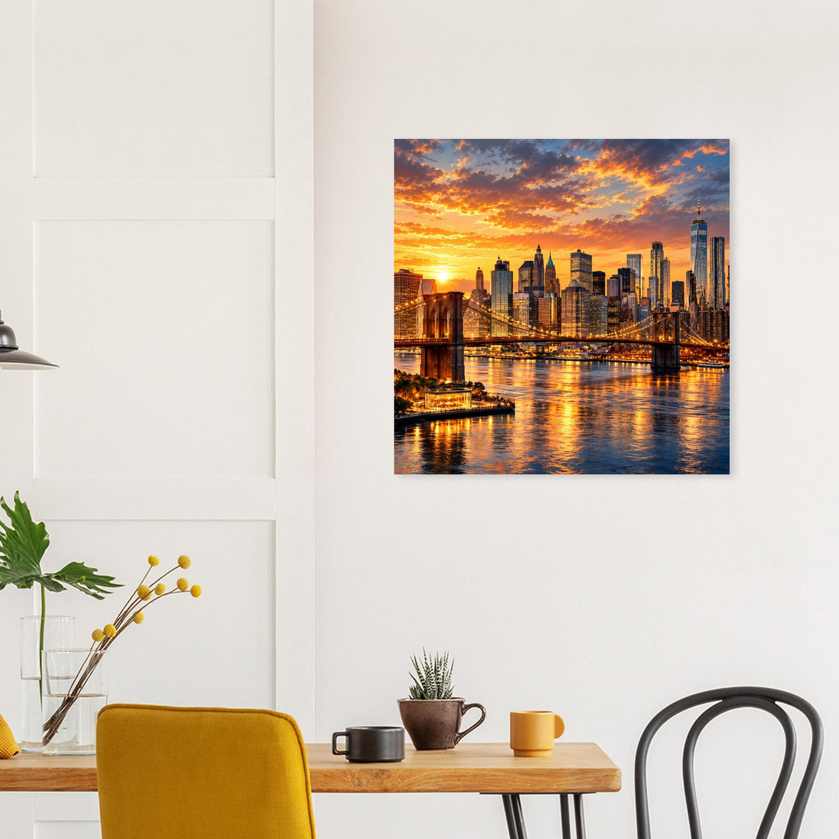 Quadratisches Poster mit leuchtender Stadt-Skyline am Abendhimmel über dem Fluss