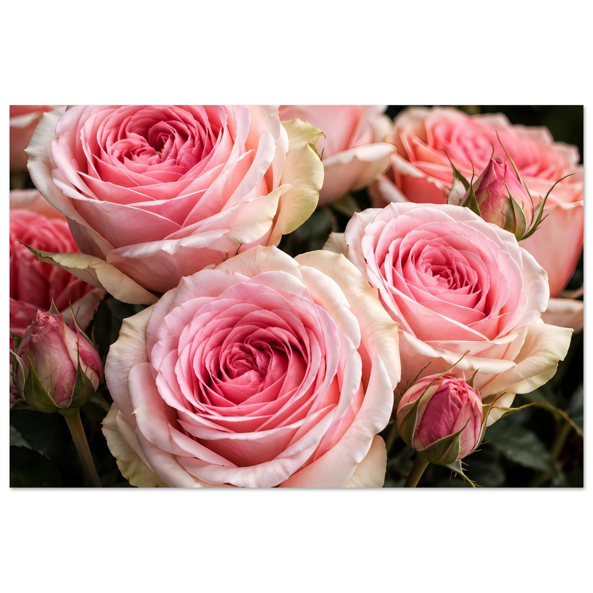 Wandposter im Querformat mit rosa Rosenblüten, Blütenblättern und Knospen