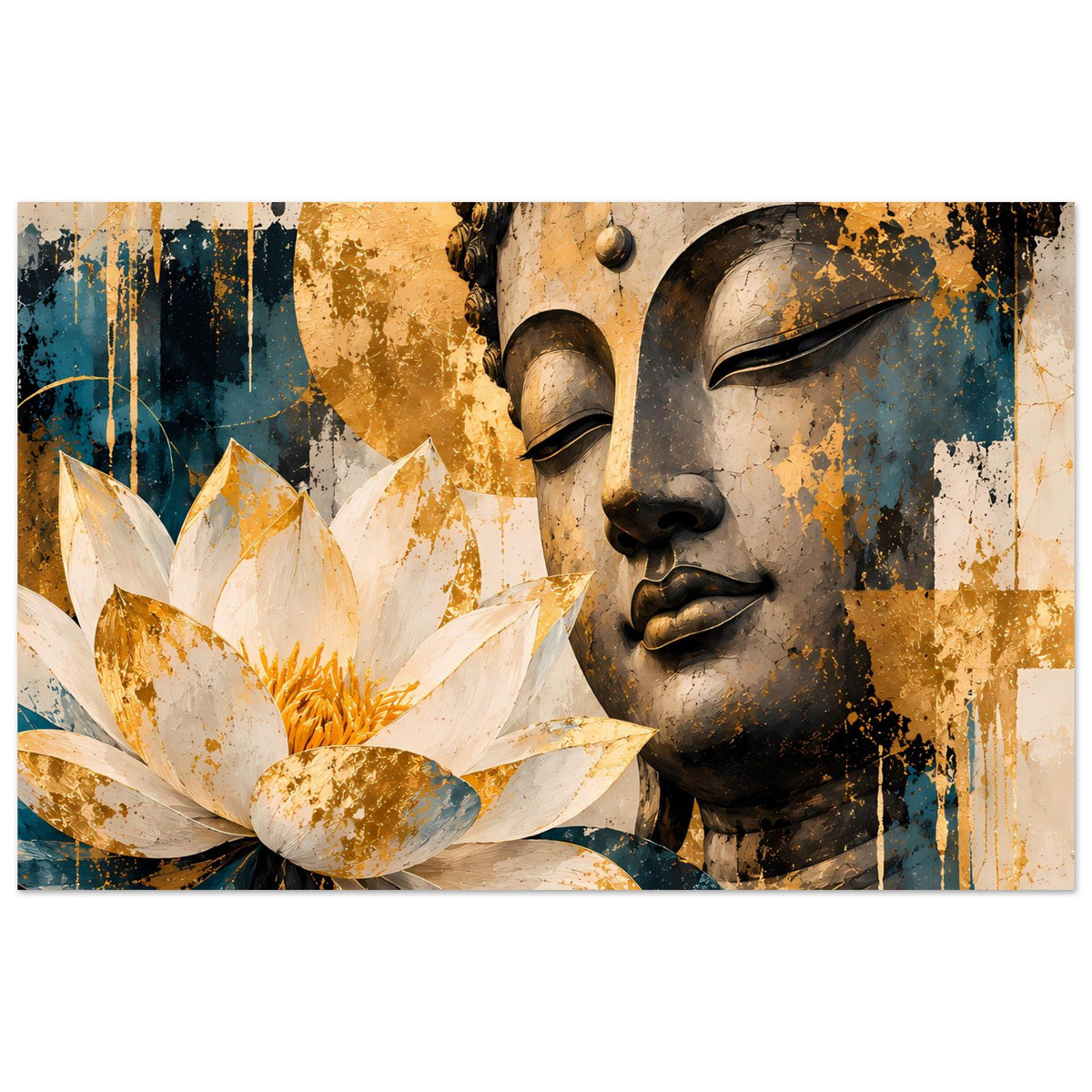 Horizontales Poster mit Buddha-Gesicht und großer weißer Lotusblüte in Gold und Teal.