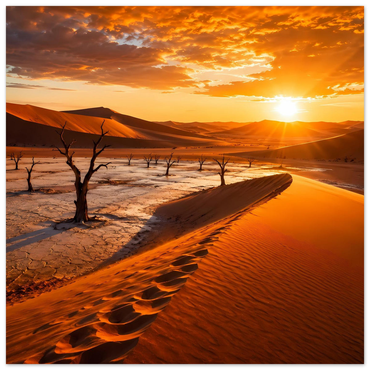 Horizontales Poster mit Wüstenlandschaft bei Sonnenuntergang, Dünen und karge Bäume.