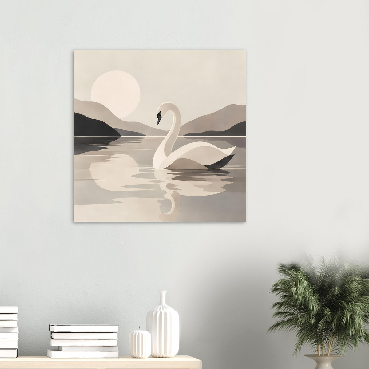 Wandposter im Querformat mit Schwan und Spiegelbild im Wasser, abstrakte Landschaft in Beige und Grau.