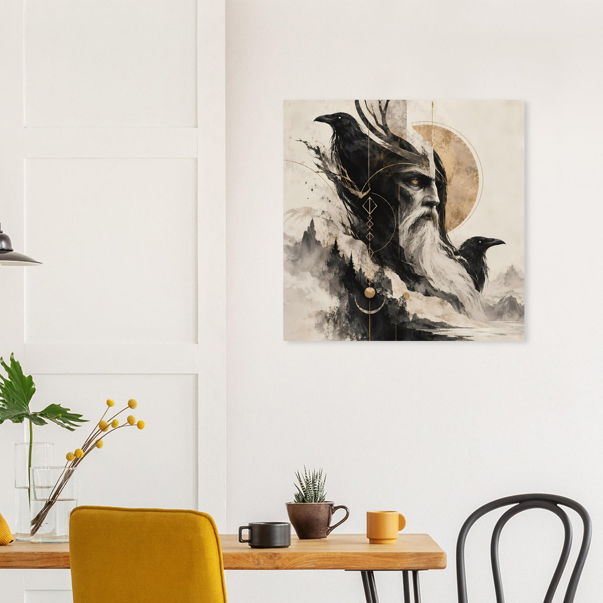 Kunstposter mit Vogel und bärtigem Weisen im Profil, Halbmond und Bergnebel