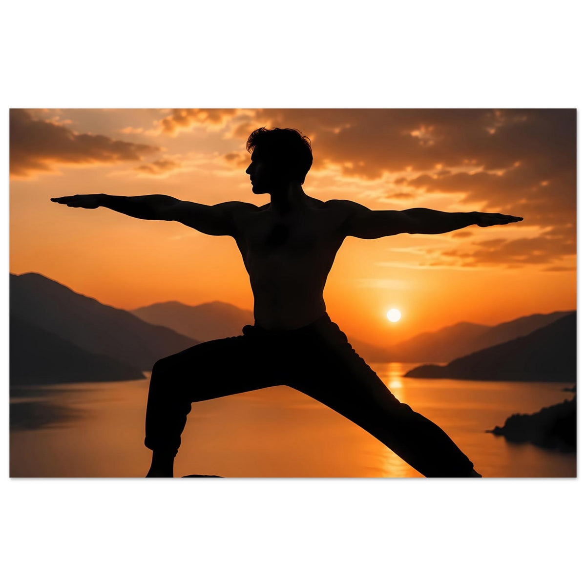 Yoga-Wandposter mit Silhouette in Kriegerpose vor Sonnenuntergang, rechteckig