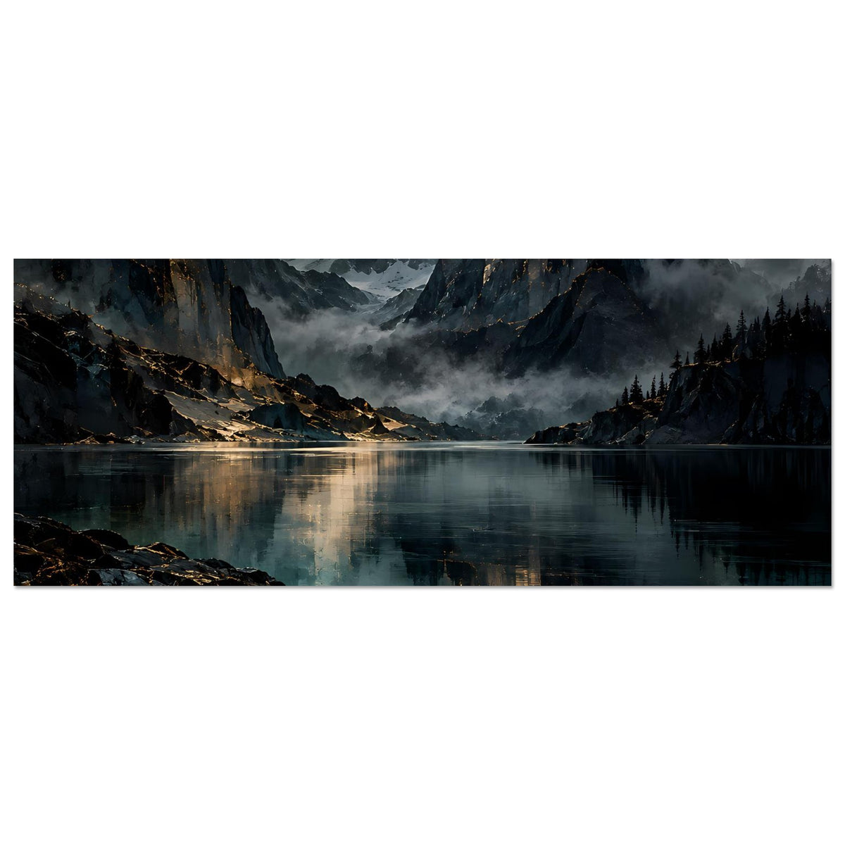 Poster mit Bergsee-Landschaft im Querformat: Bergkamm, Nebelschleier und Spiegelung auf Wasser