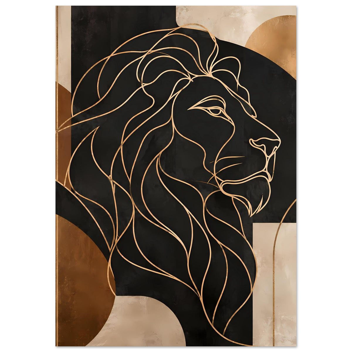 Poster mit Löwengesicht in feinen Gold-Bronze-Konturlinien und Kreisformen