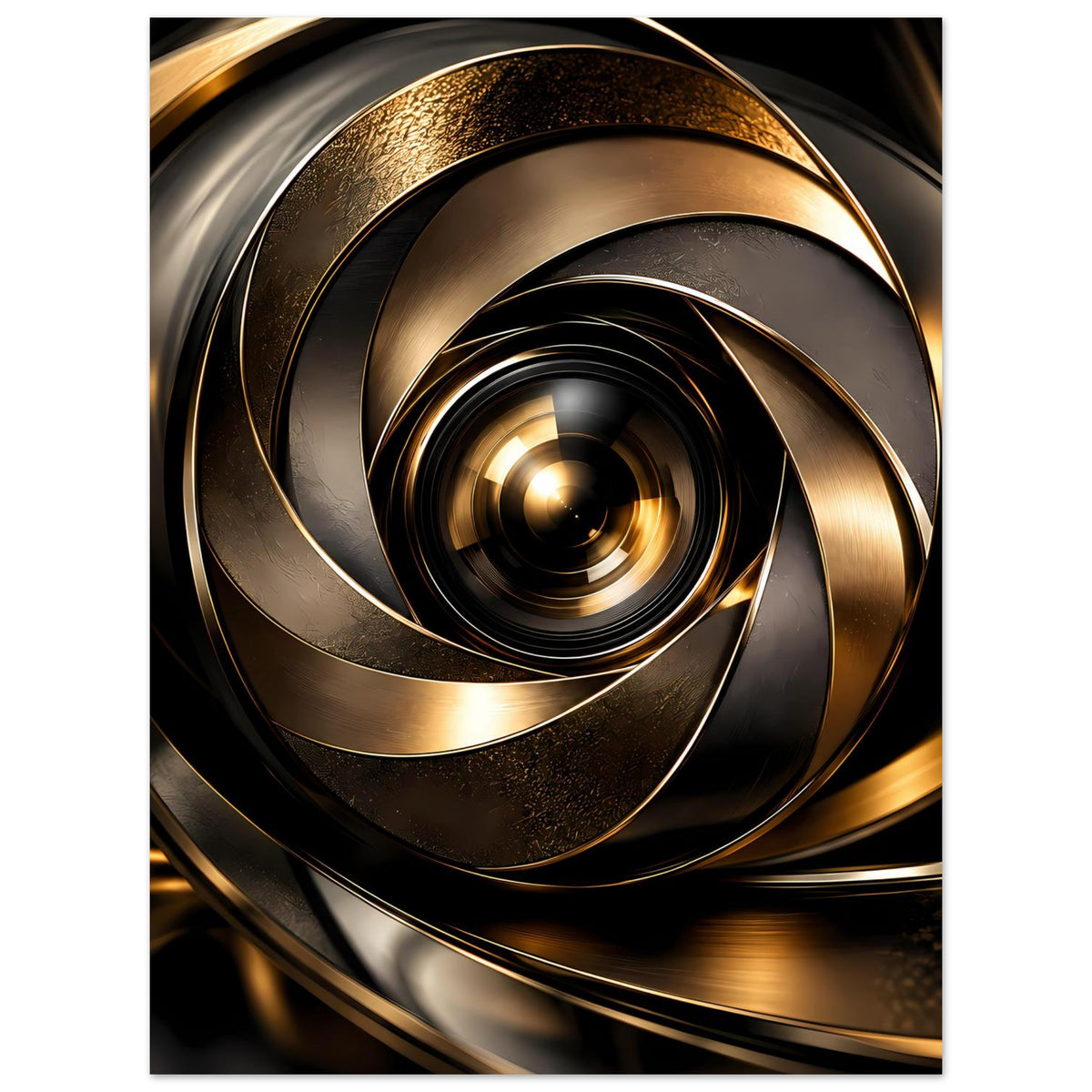 Abstraktes Poster mit goldenen Spirallinien, gestuftem Wirbel auf dunklem Hintergrund