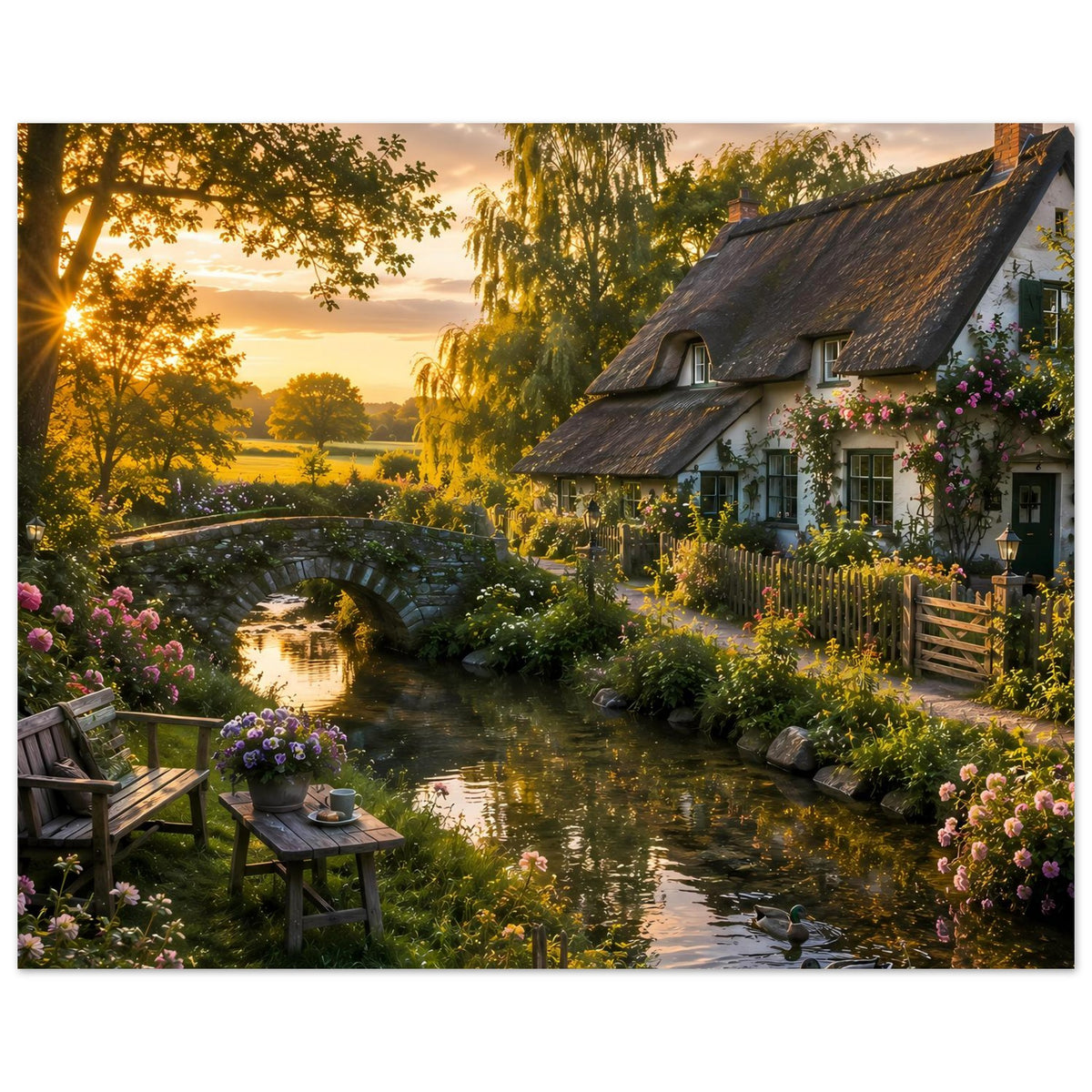 Landhaus-Poster: Veranda am Fluss, Blumen am Rand, Steinbrücke und reetgedecktes Haus