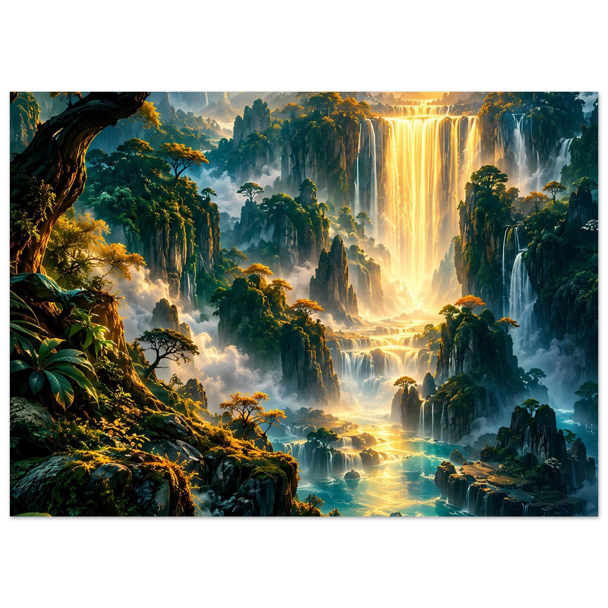Fantasy-Landschaftsposter: golden strahlender Wasserfall, waldige Berge und ruhiger Fluss