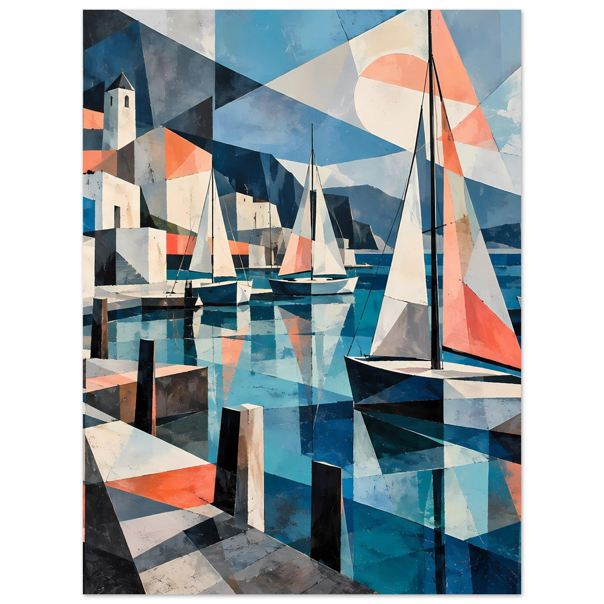 Kubistisches Hafenposter mit Segelbooten und geometrischen Wasserflächen in Blau und Koralle – Ansicht 35