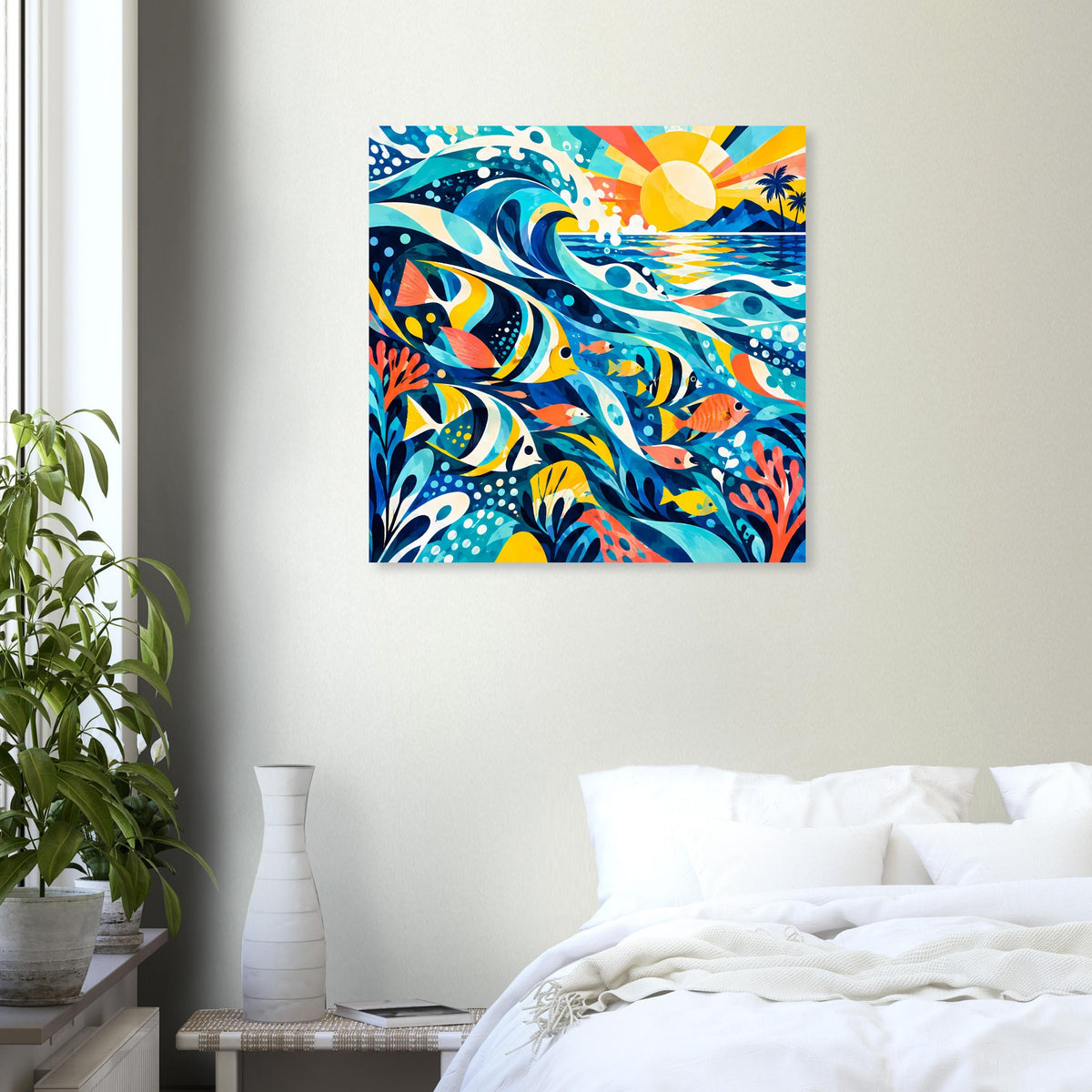 Quadratisches Poster: bunte Fische und Meereswellen mit Sonne, im Rahmen