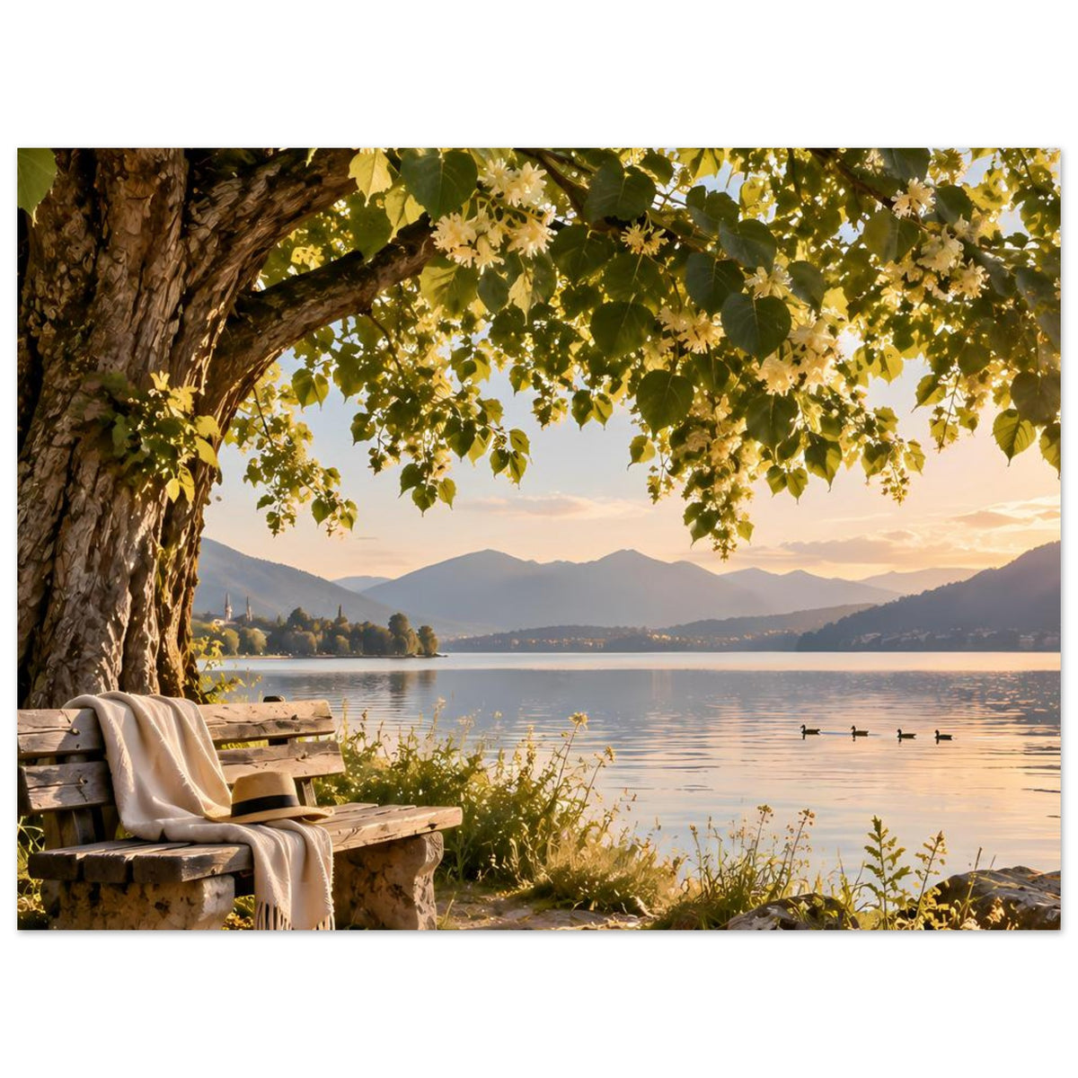 Landschafts-Porträtposter: Baumäste mit grünen Blättern, See mit Vögeln, Berge im Hintergrund