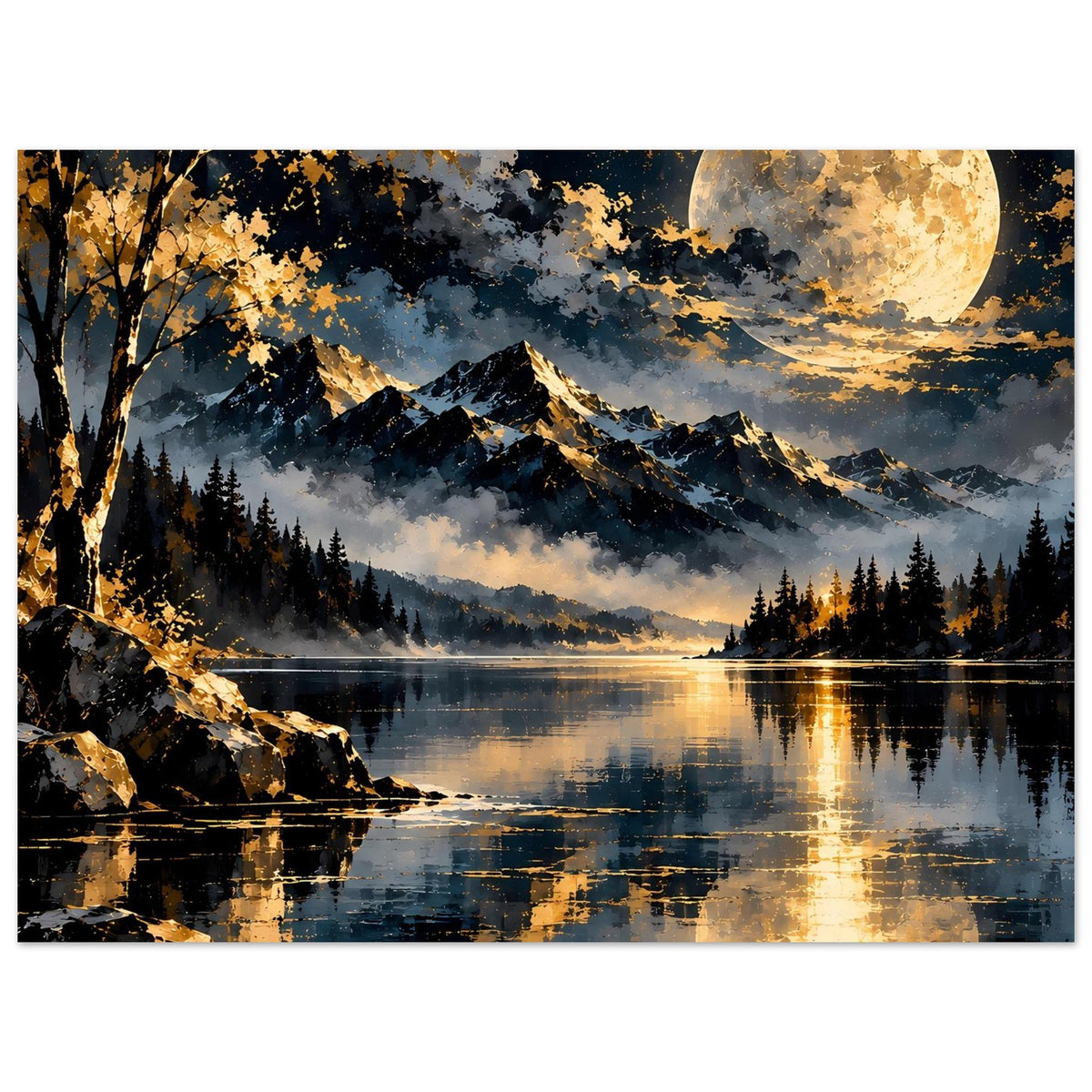 Landschaftsposter im Querformat mit Vollmond, Felsen und See-Reflexion