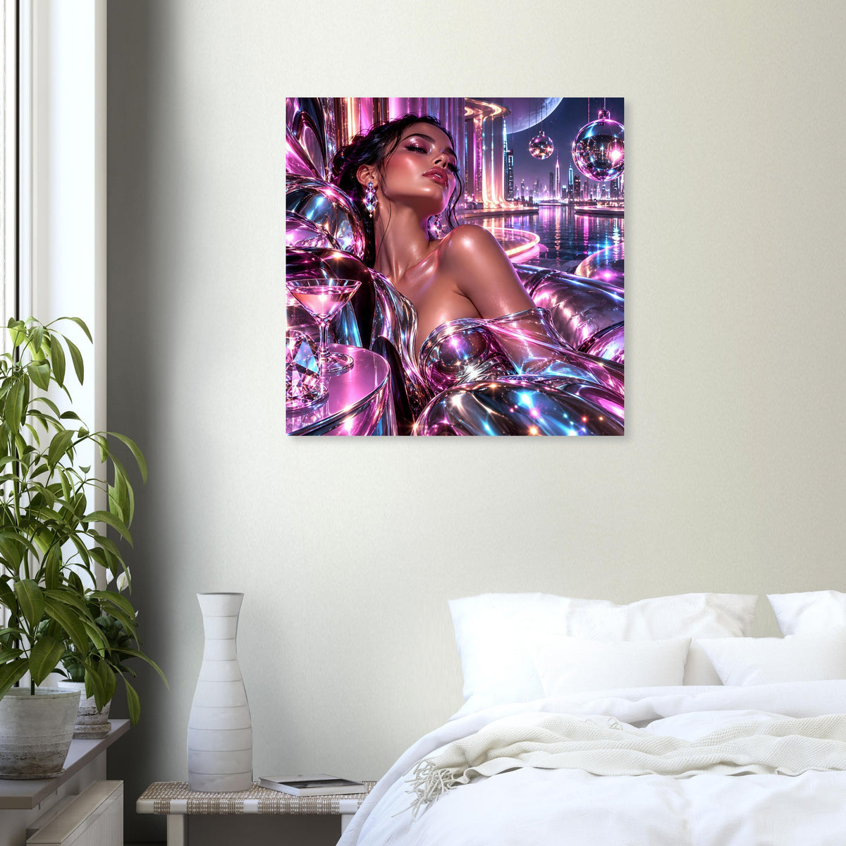 Neon-Futurismus-Poster: Frau mit glitzerndem, silbrig-violettem Outfit vor futuristischer Stadtkulisse