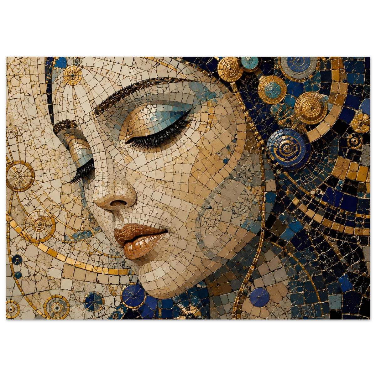 Mosaik-Porträtposter: Frauengesicht mit blau-goldenen Glassteinen, Schmuckkreisen und Profil